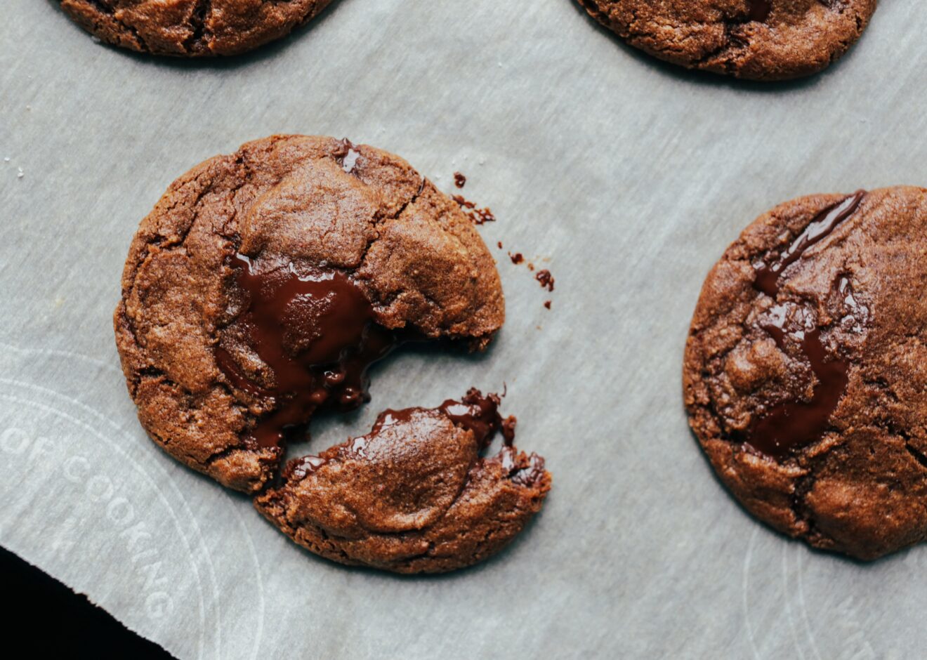 a tray of freshly baked chocolate chocolate chunk cookies