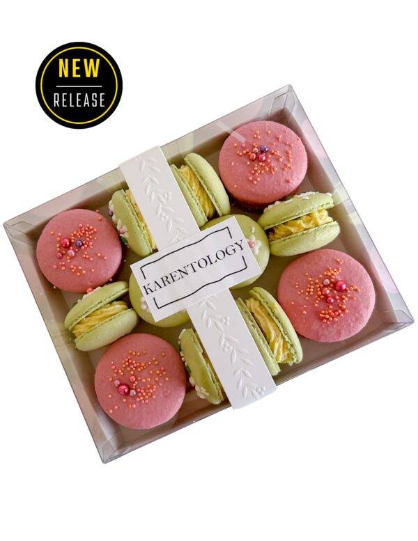 Karentology Macaron Box filled with 12 macarons of different sizes.