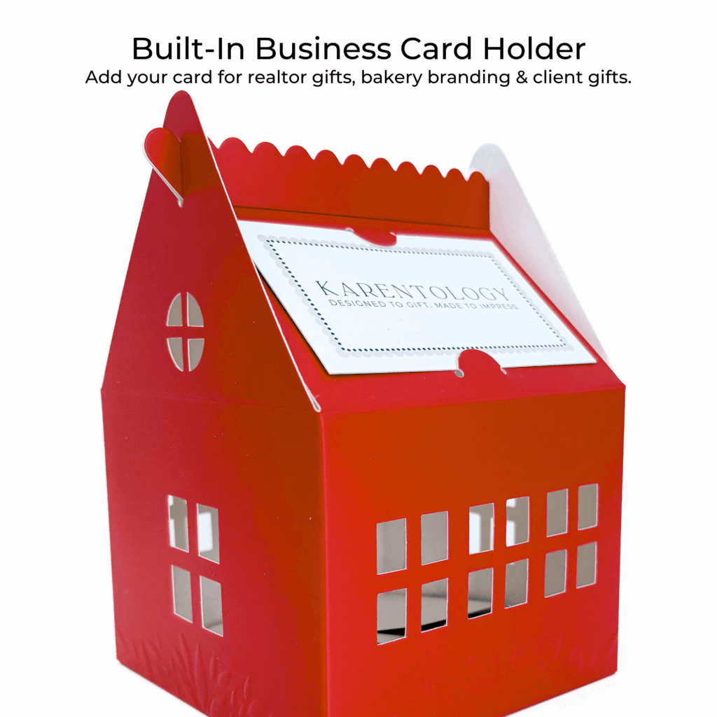 red cottage house shaped cookie gift box with business card holder