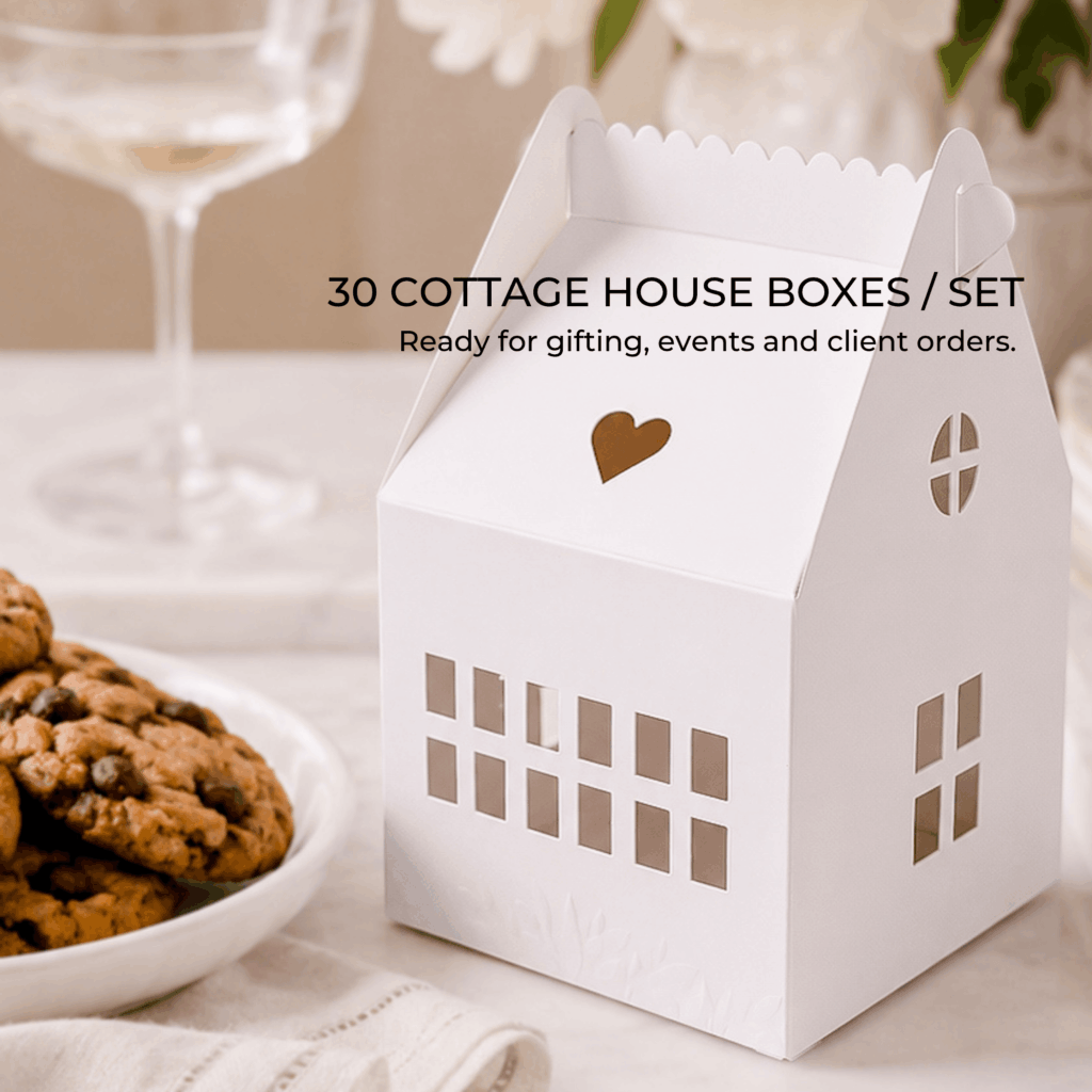 Karentology white cottage house box with plate of chocolate chip cookies