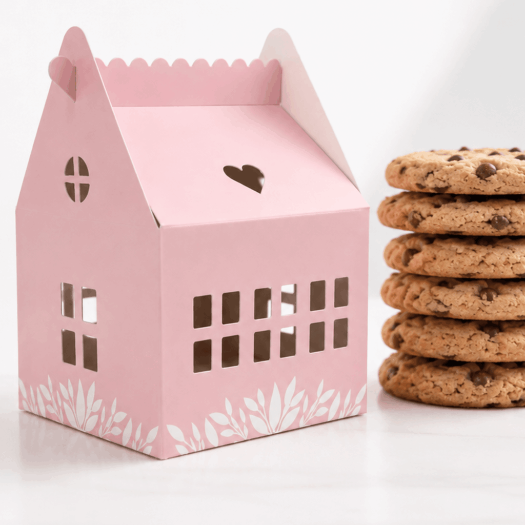 Pink Karentology Cottage House Box with stack of chocolate chip cookies
