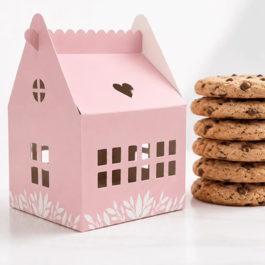 Pink Karentology Cottage House Box with stack of chocolate chip cookies