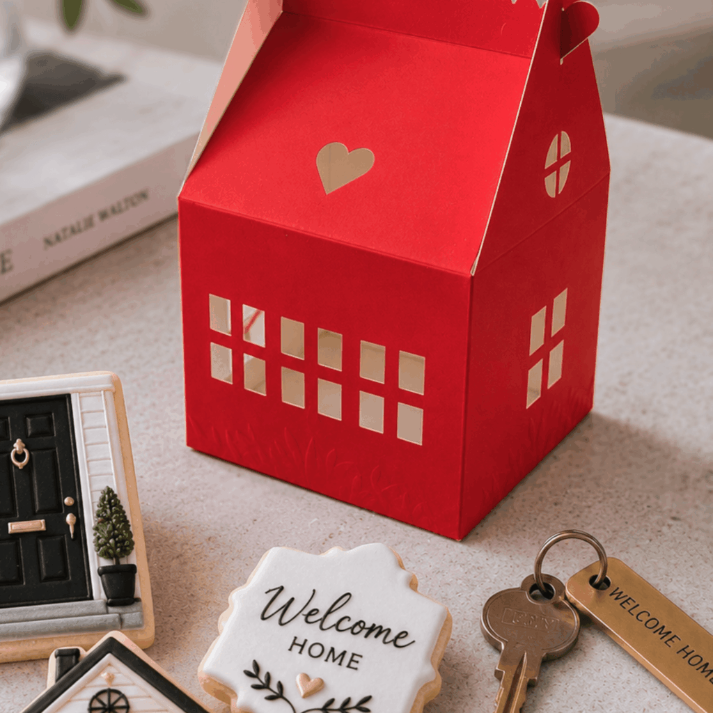 Red Cottage House Shaped Box with House Warming Cookies